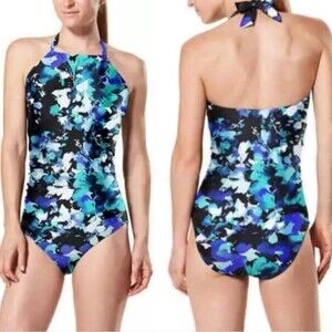 Speedo UV 50 Swimsuit High Neck Tie Bathing Suit Moderate Leg Modest NWT